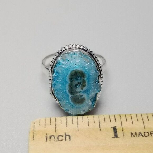 Vintage Blue Oval Geode Style Ring, Silver Tone Bezel Set Size 9 Band, Estate - Picture 7 of 10